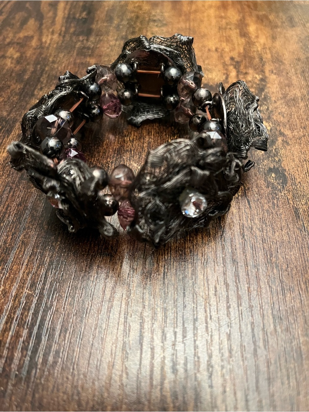 Black Whimsygoth Bracelet Cuff Bangle Twisted Wire Beads Stones Halloween Party